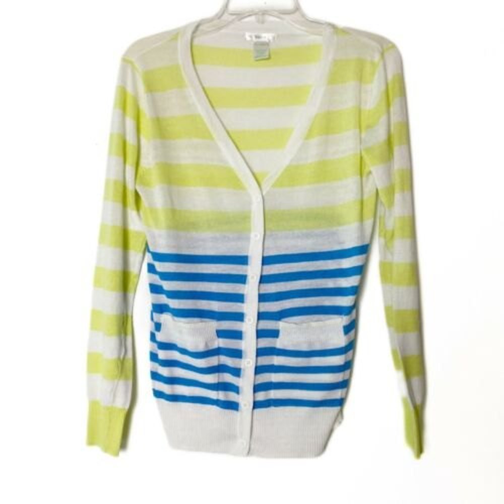 Esley Striped Cardigan Women’s M Lime Green White Blue